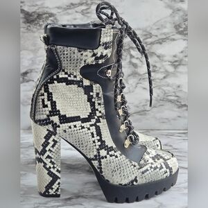 Yoki Black and White Snakeskin Lace-Up Heeled Combat Boots